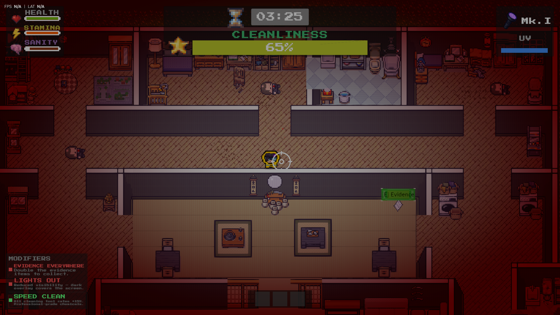 Medium difficulty run with layered blood cleanup state.