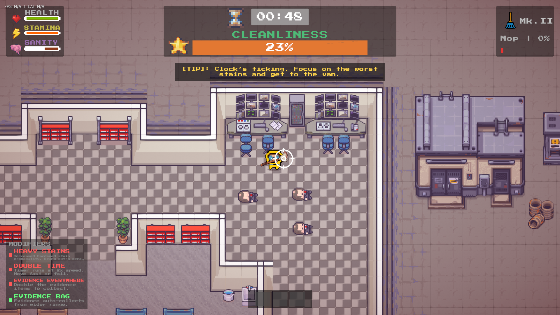 Hard cleanup scenario with denser crime-scene pressure.
