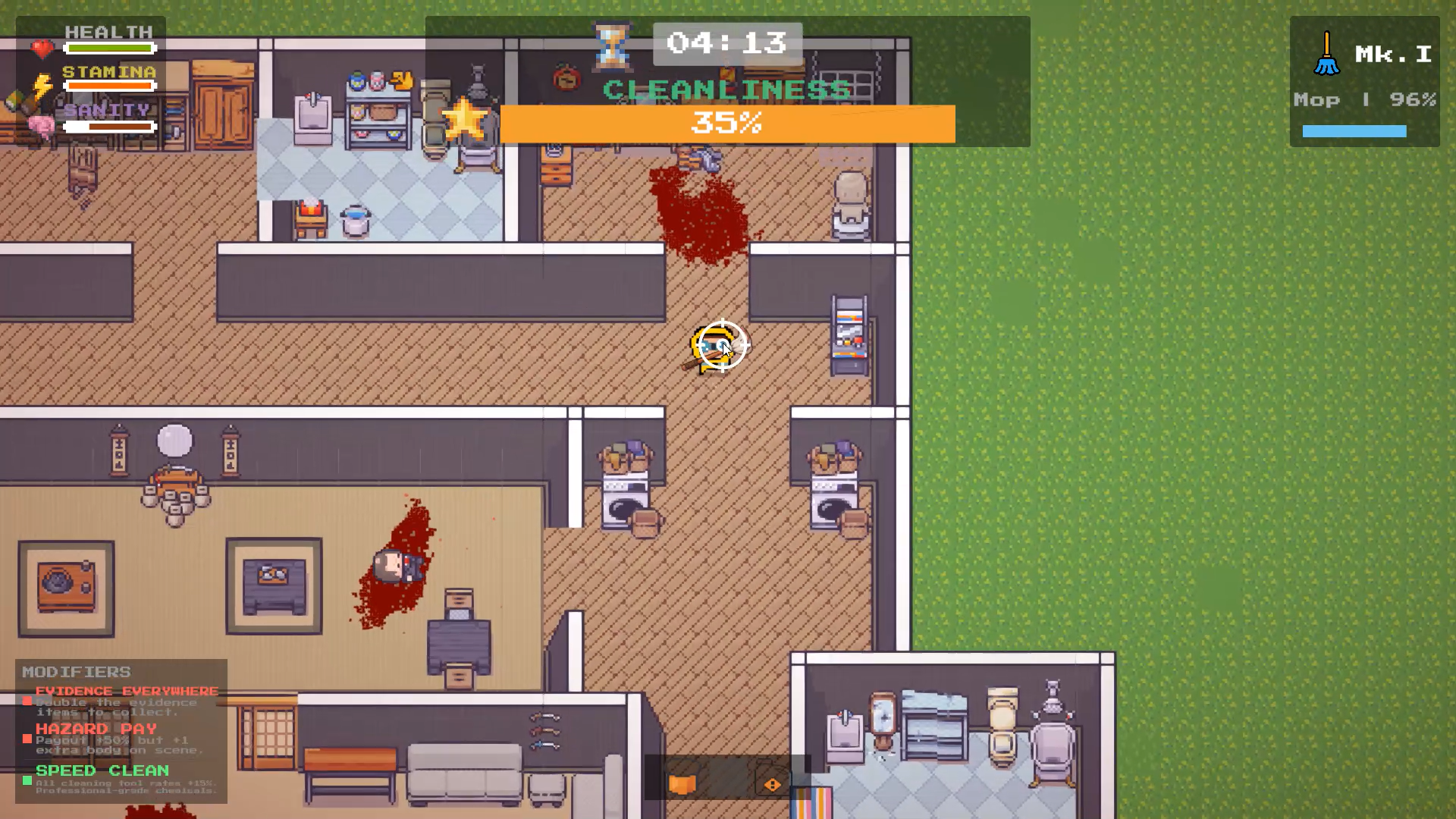 Gore-heavy run showing the game's darker cleanup loop.